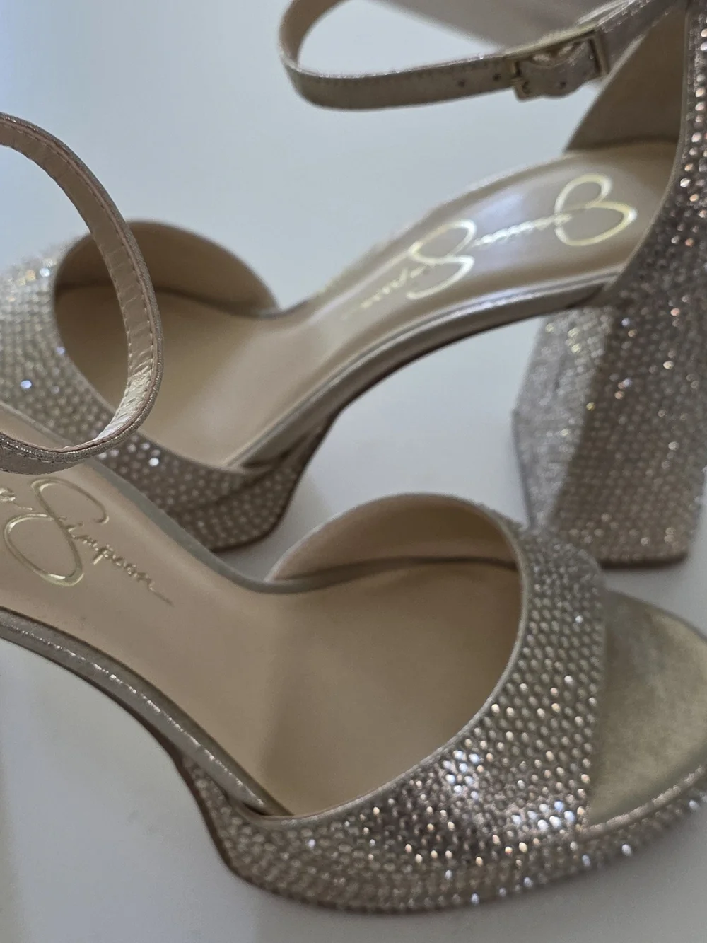 Jessica Simpson Champagne Rhinestone Block Heel Sandals